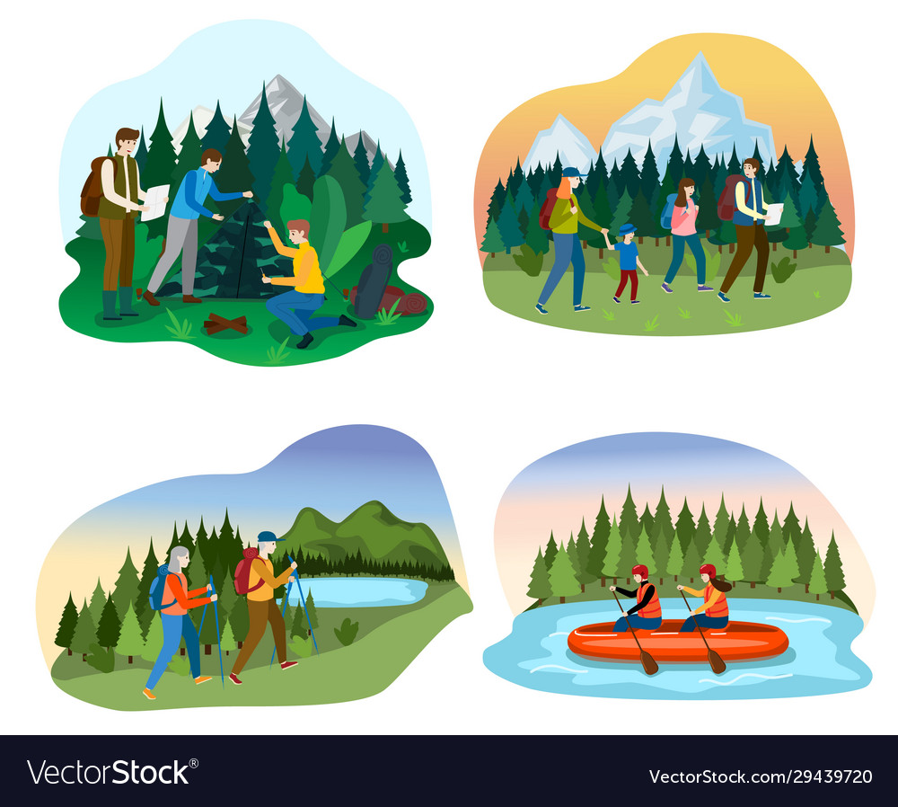 People camping in nature happy family hiking Vector Image