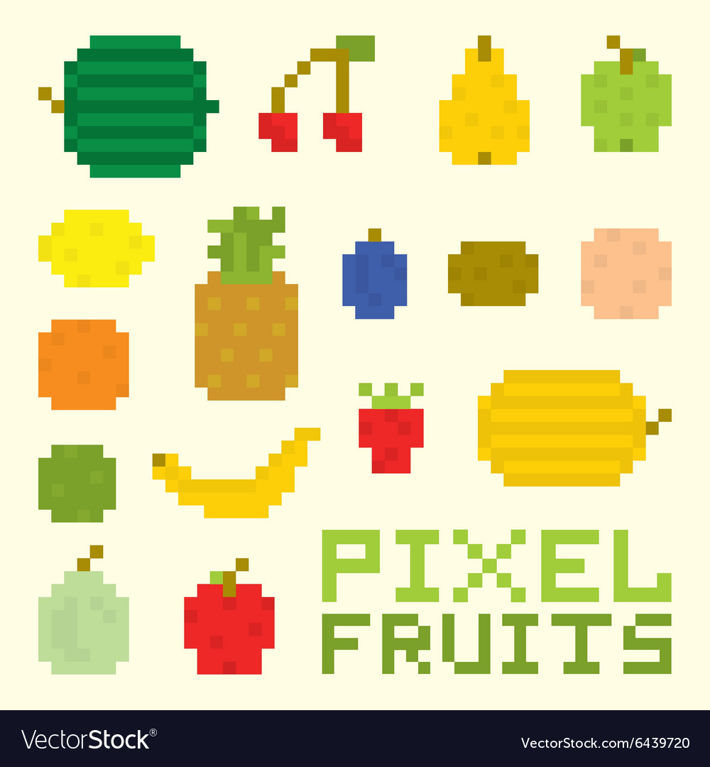 A set of isolated fruits in Pixel Art.