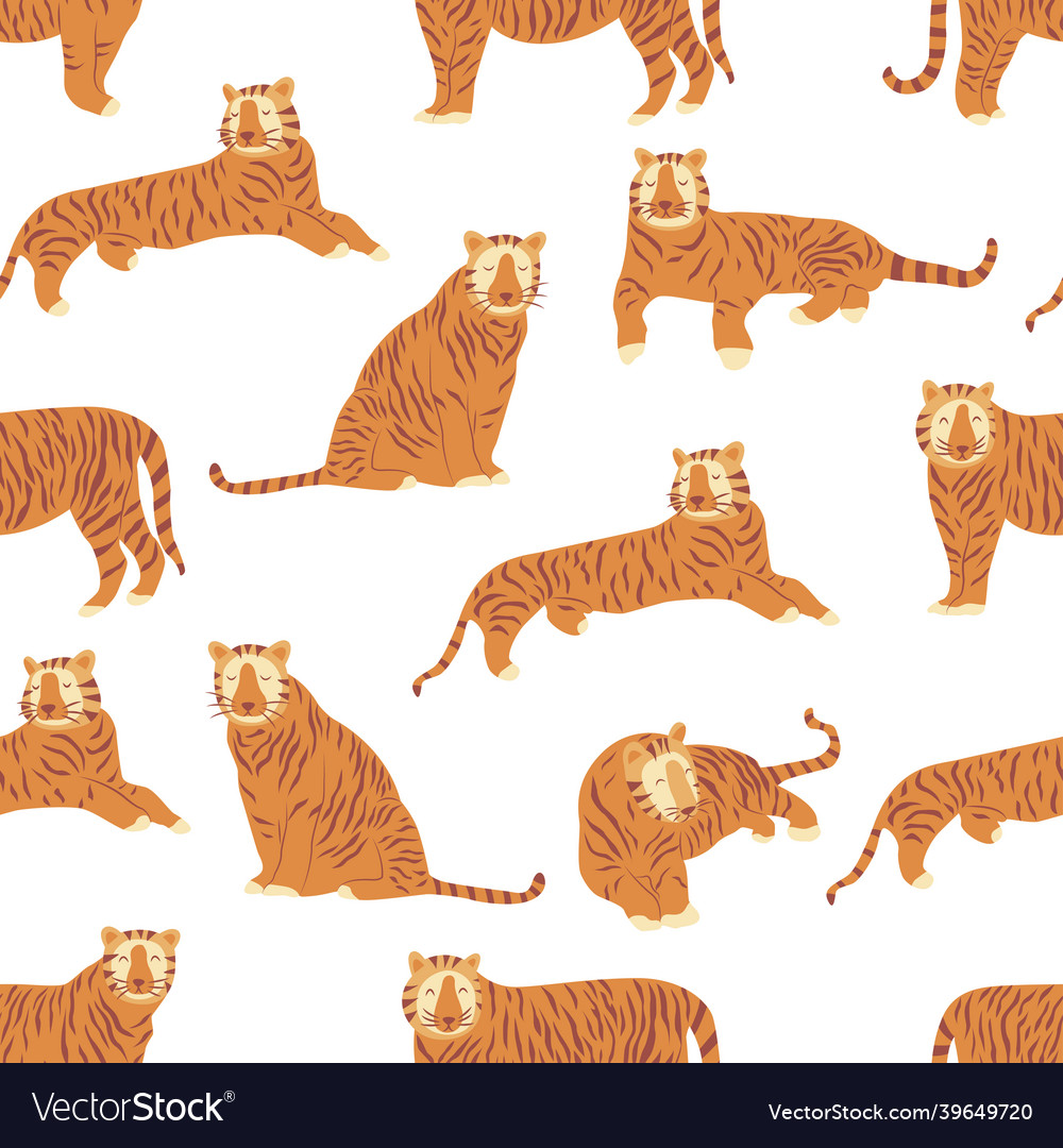 Seamless pattern with tigers hand drawn