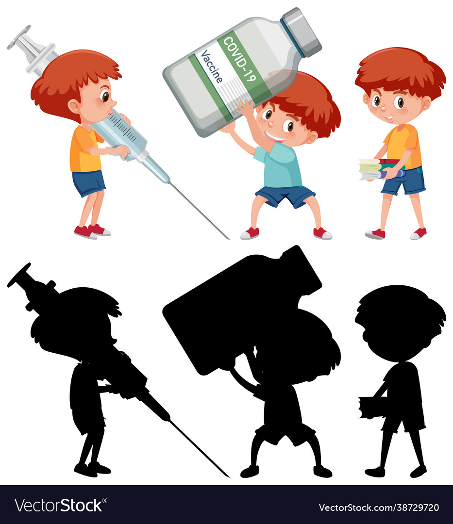 Set a boy holding different objects vaccine