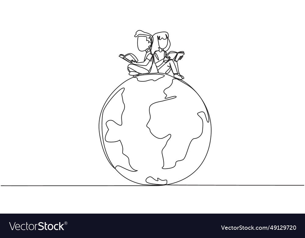 Single one line drawing happy kids sitting on big Vector Image