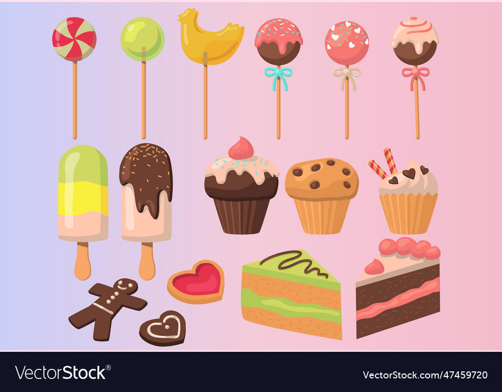 Tasty colorful sweets set on gradient background Vector Image