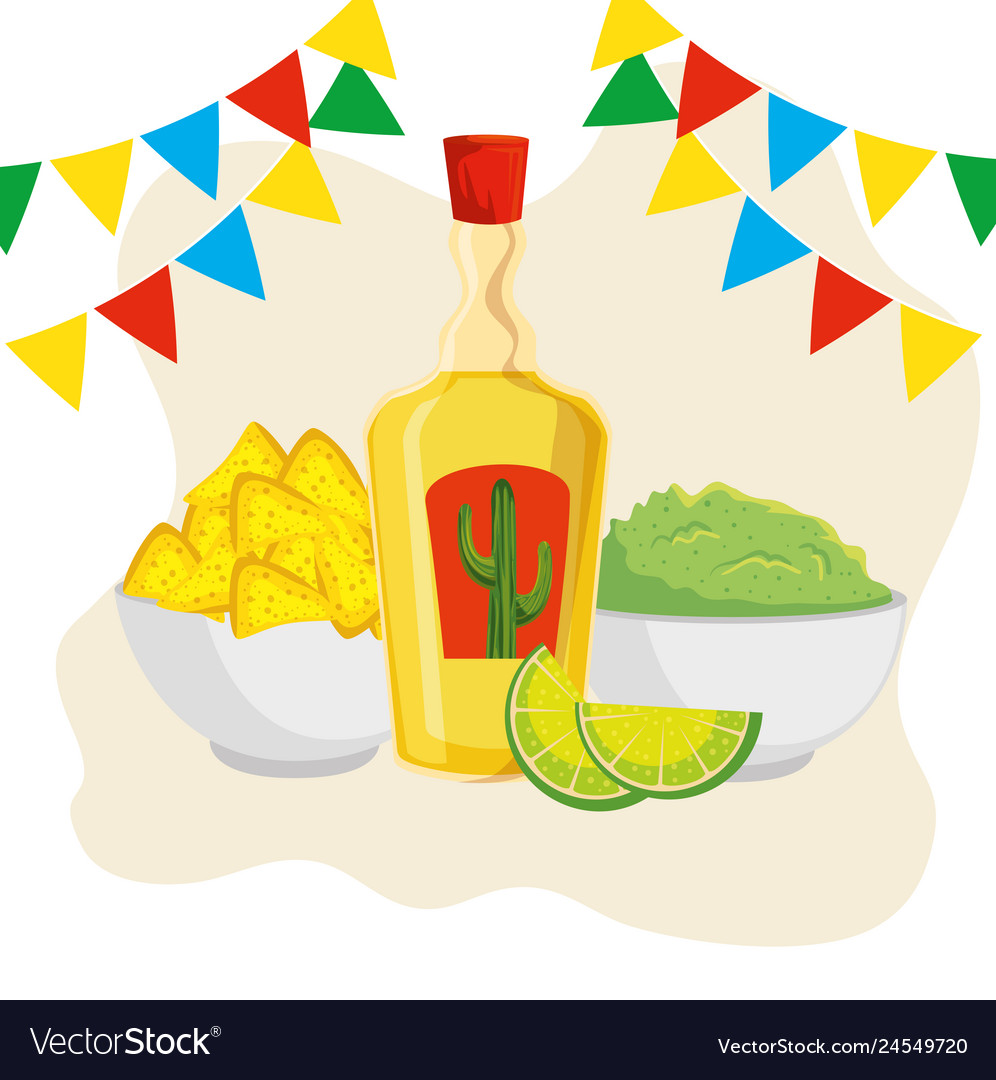 Tequila with traditional nachos and party banner