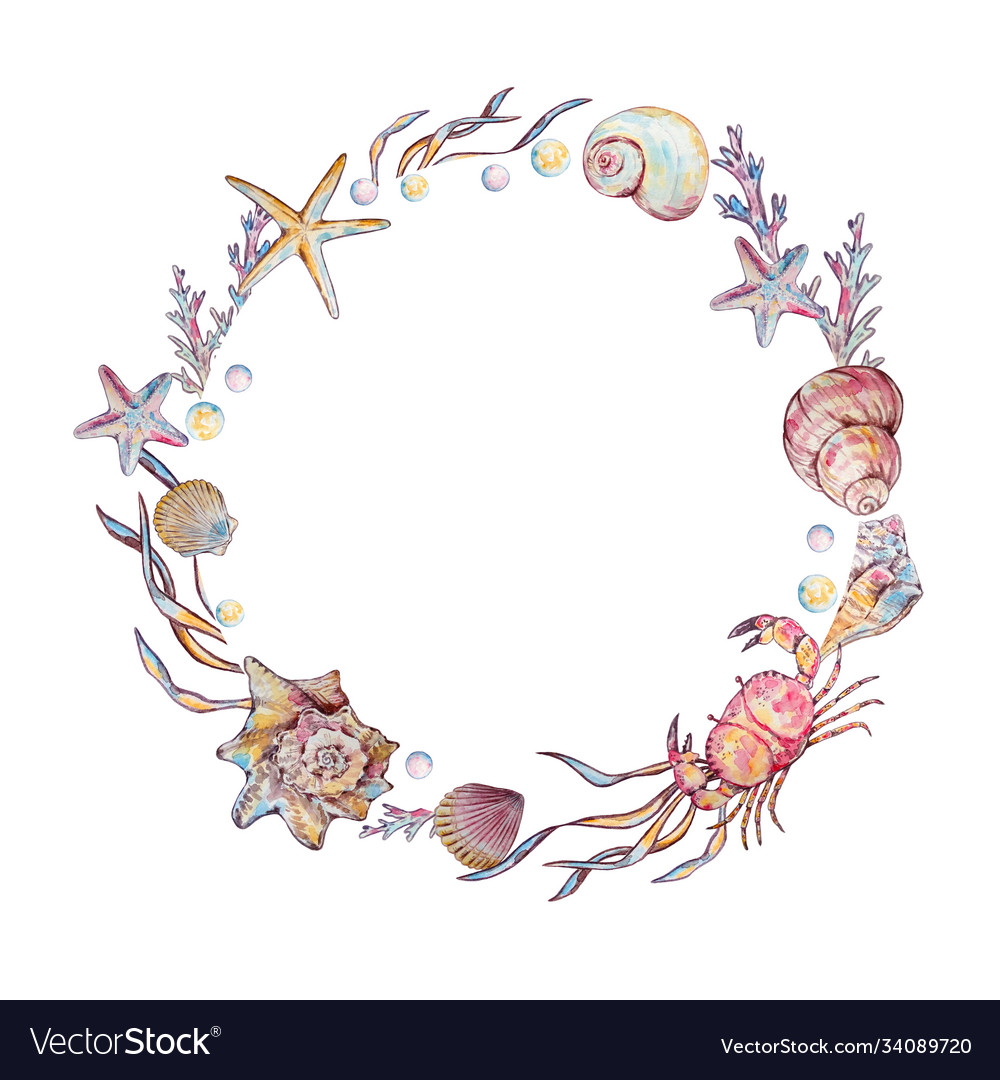 Watercolor round frame with seashells Royalty Free Vector