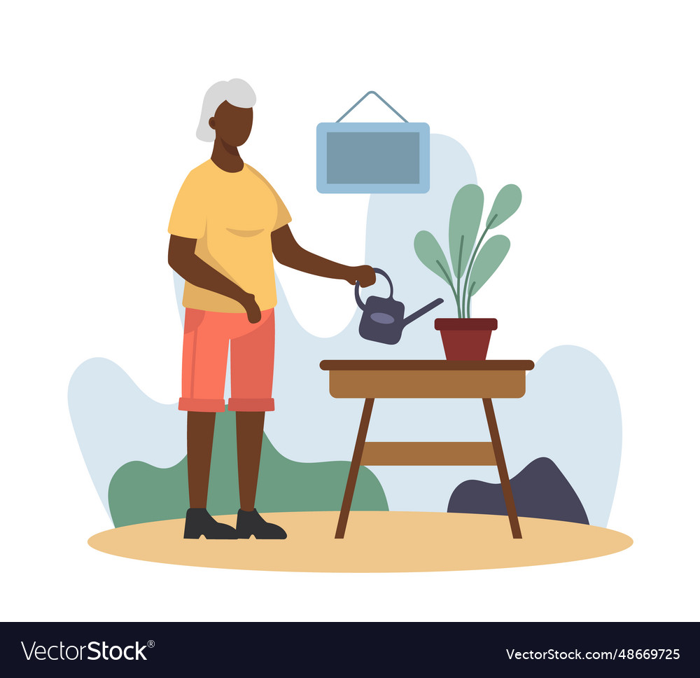 American lady watering plant at home positive