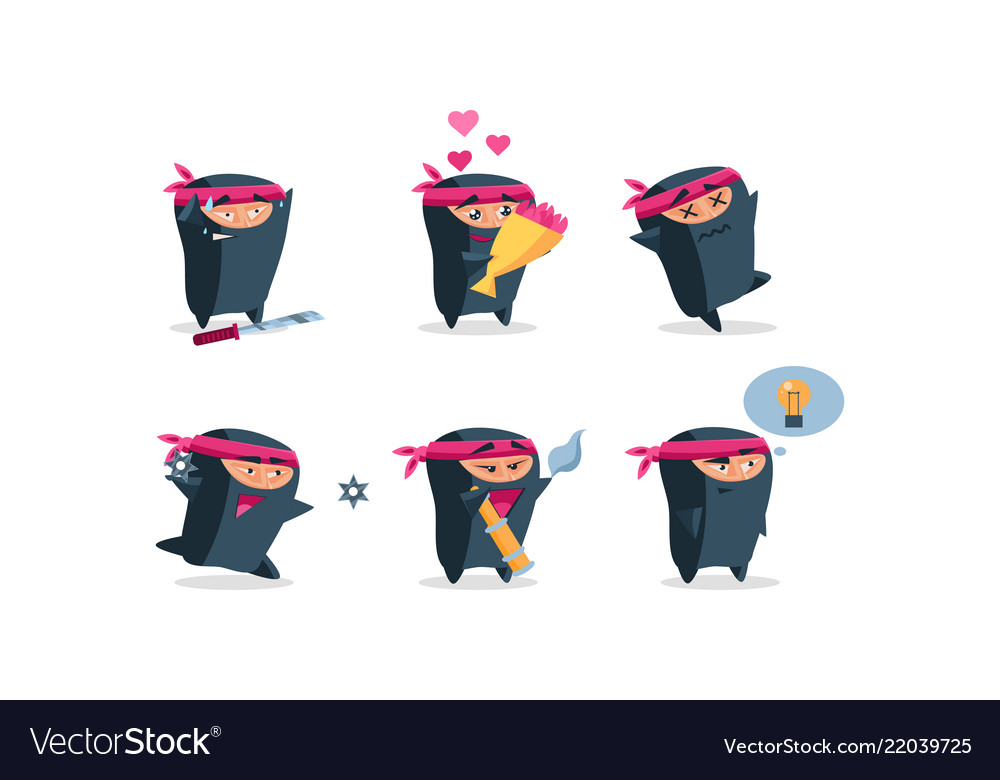 Flat set of cute ninja in different actions vector image Flat set of cute ninja in different actions