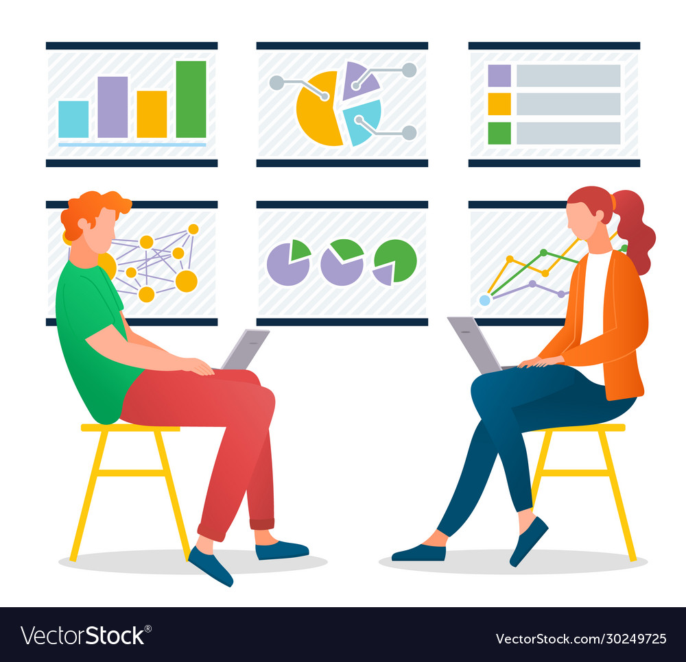Graphical analysis worker with computer vector image Graphical analysis worker with computer
