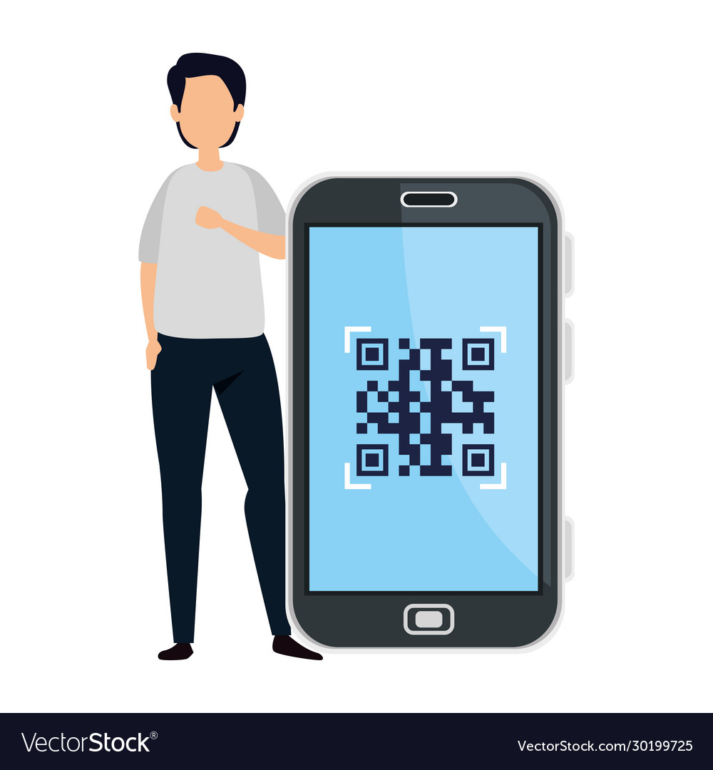 Man and smartphone device with scan code qr