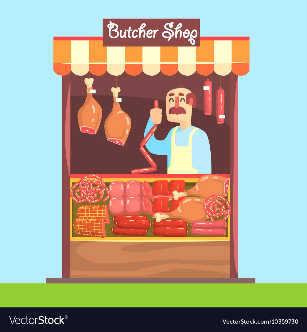 Butcher behind market counter with assortment Vector Image