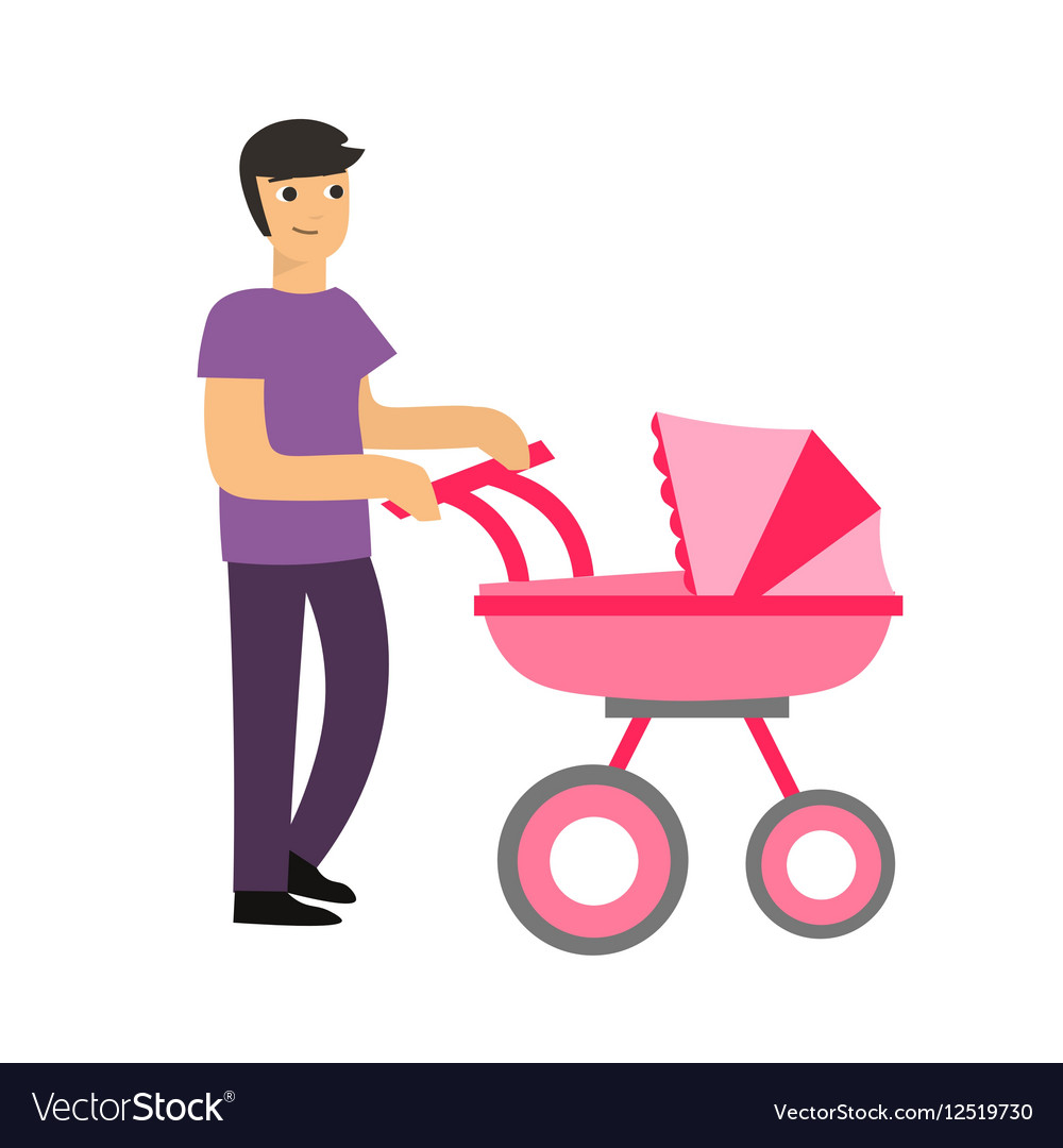 Cartoon cute dad with a stroller