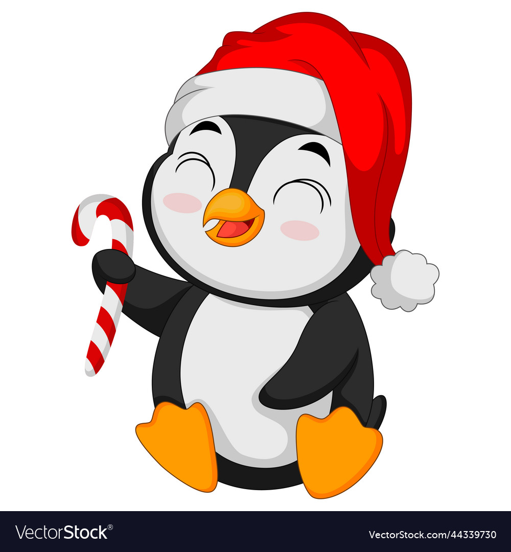 Cute little penguin in santa hat holding candy Vector Image