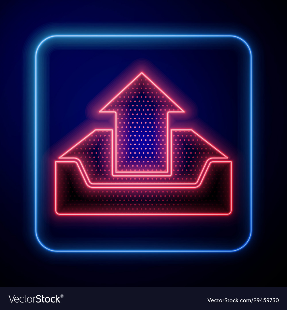 Glowing neon upload inbox icon isolated on blue vector image Glowing neon upload inbox icon isolated on blue