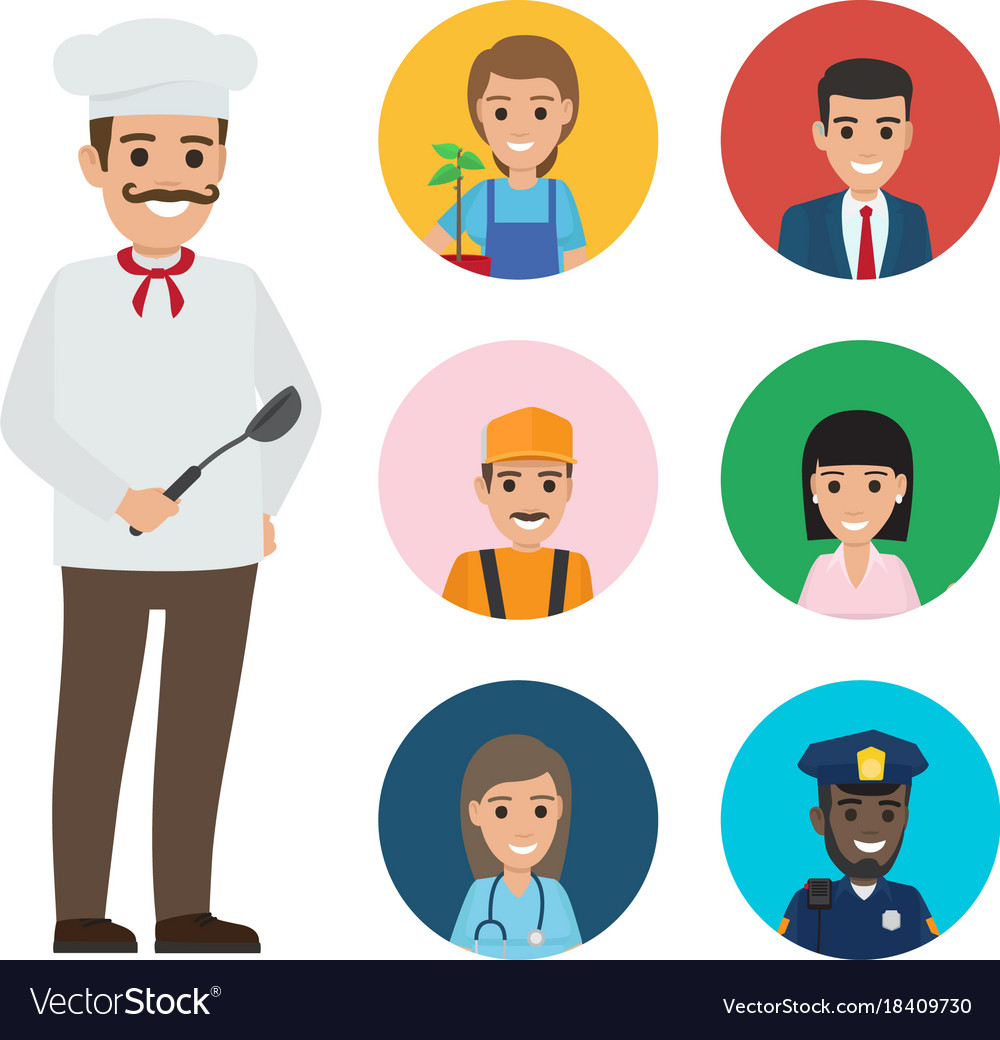 Italian chef and set of people of different jobs Vector Image