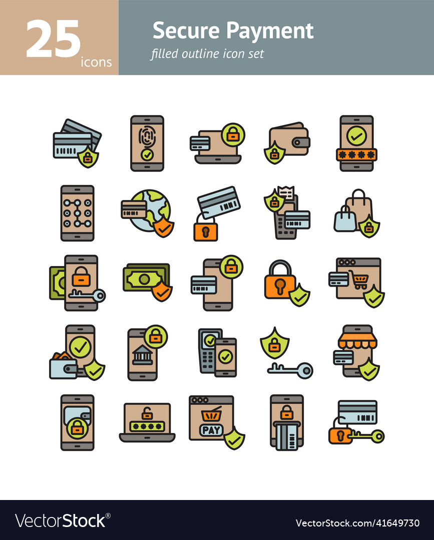 Secure payment filled outline icon set