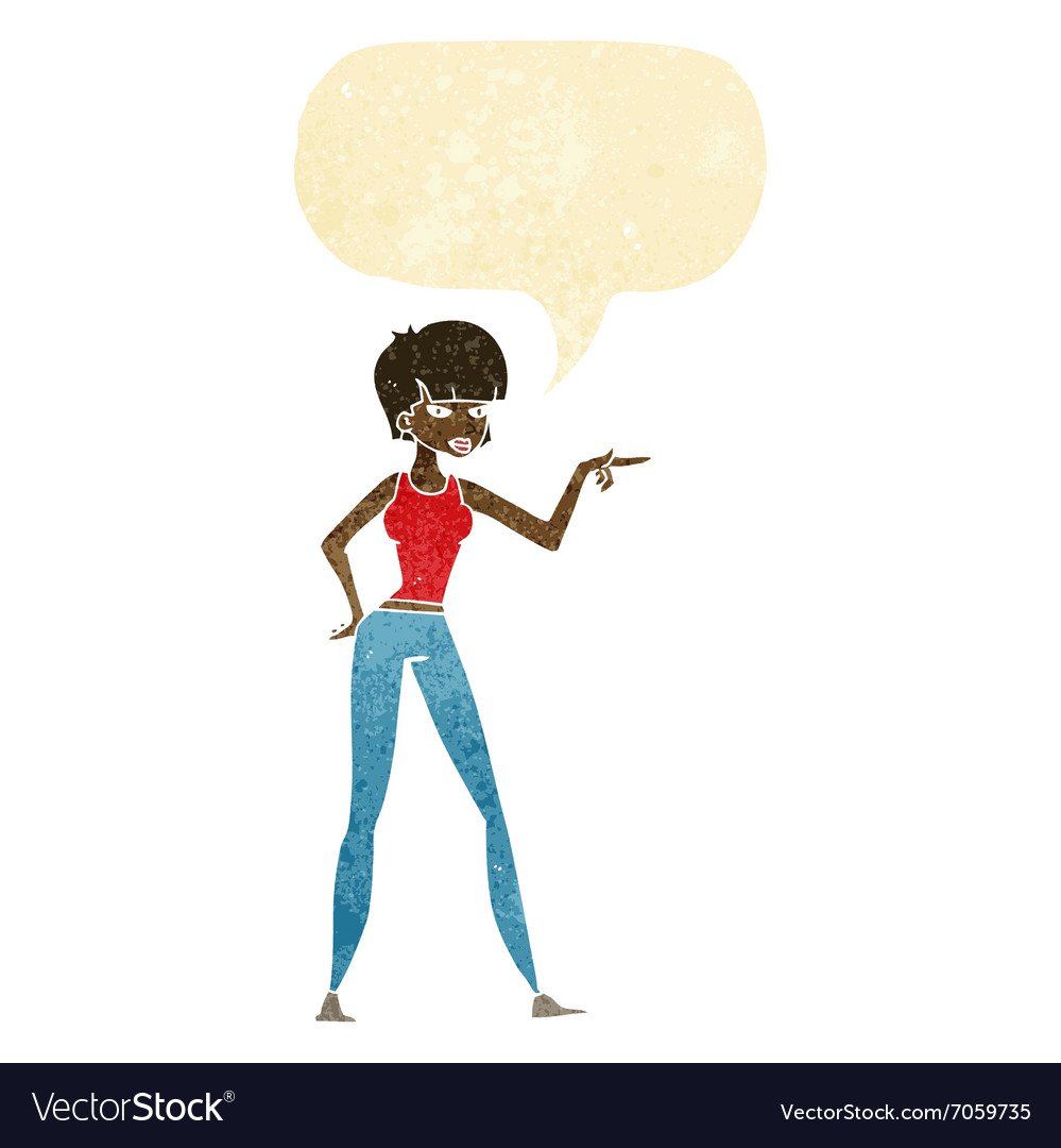 Cartoon woman pointing with speech bubble