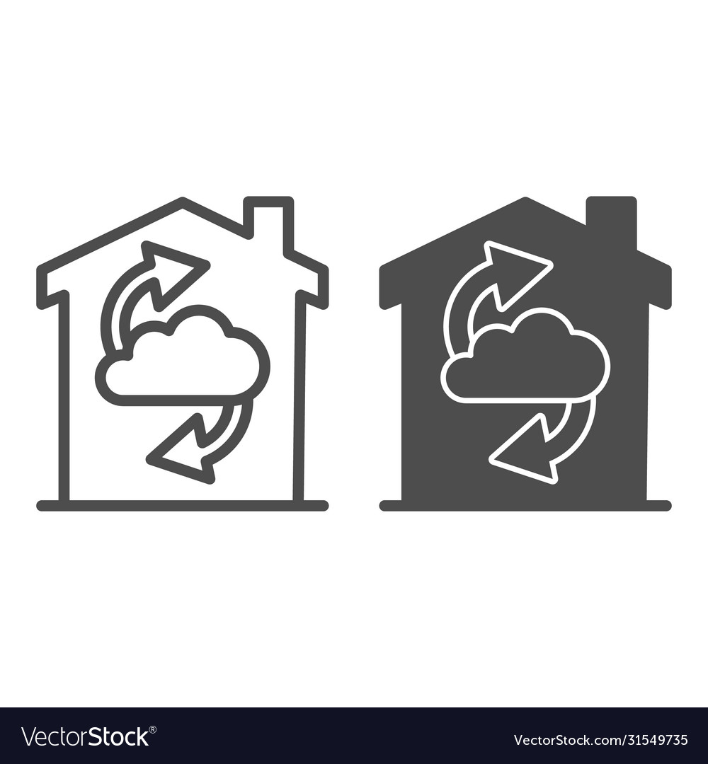 Cloud with arrows in building line and solid icon vector image Cloud with arrows in building line and solid icon
