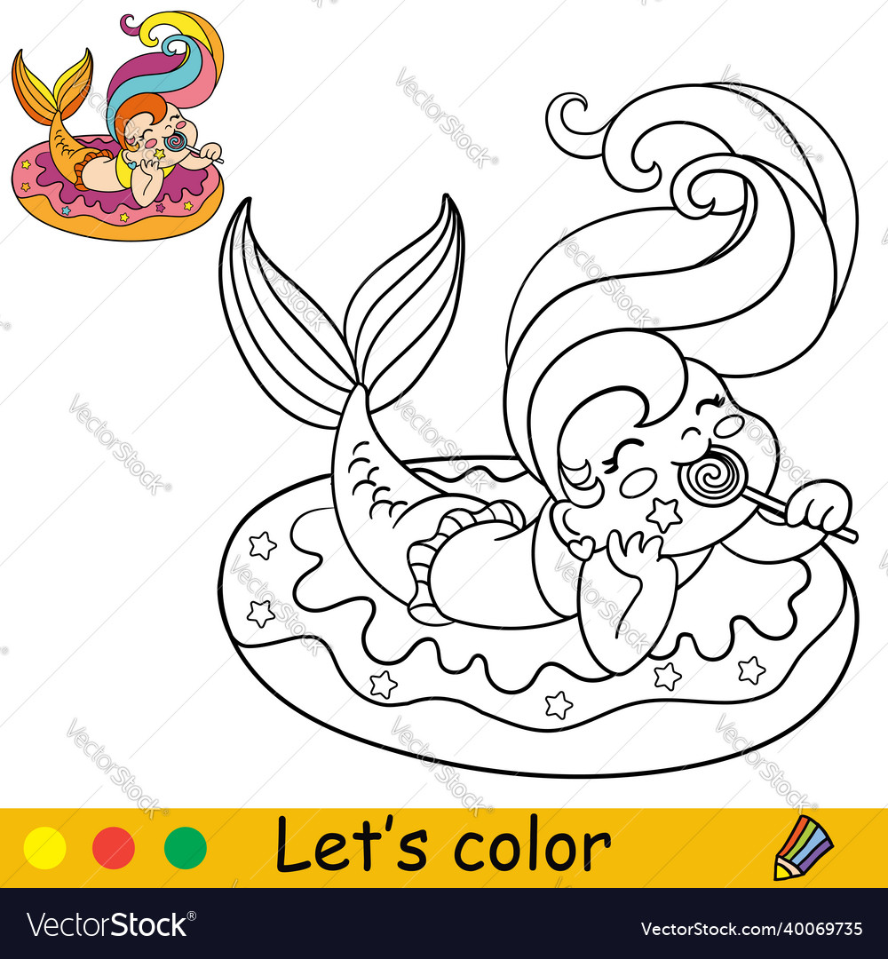 Kawaii mermaid in inflatable circle coloring