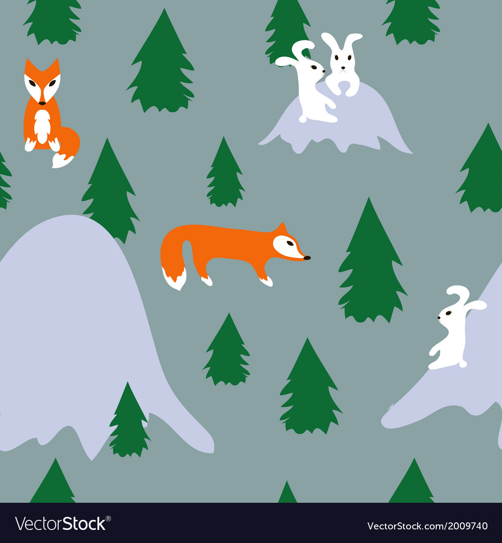 Seamless pattern with rabbits and foxes in forest