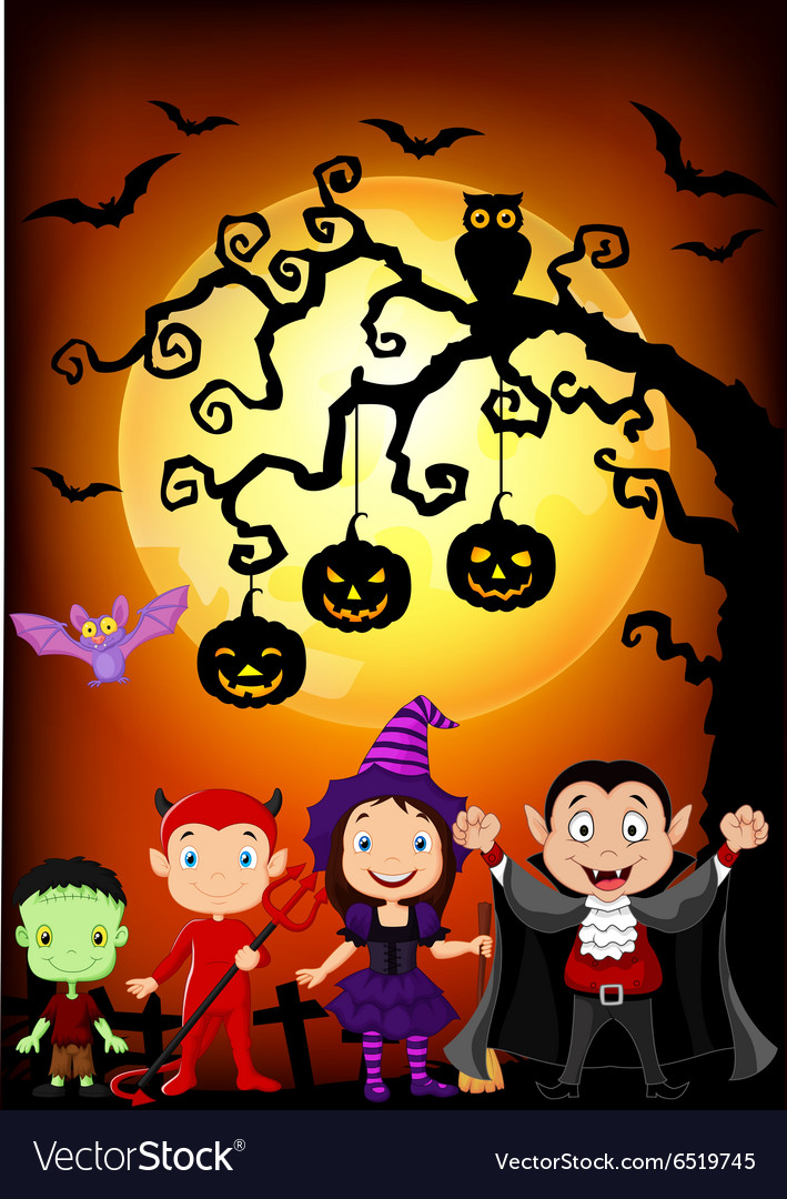 Halloween tree with children dressed up