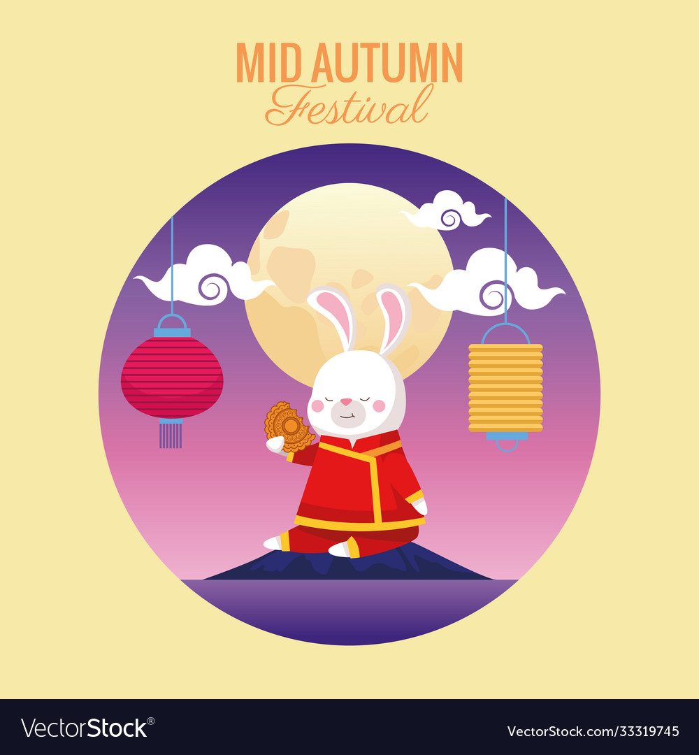 Mid autumn celebration card with rabbit and full Vector Image