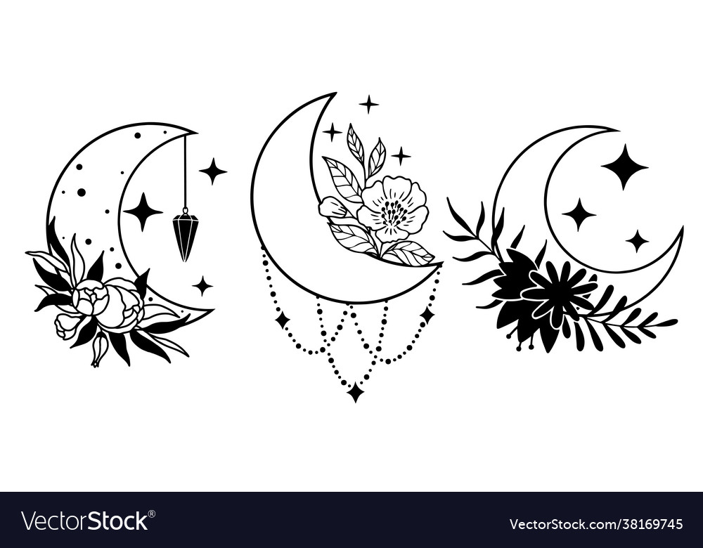 Set magic black moons with stars and flowers