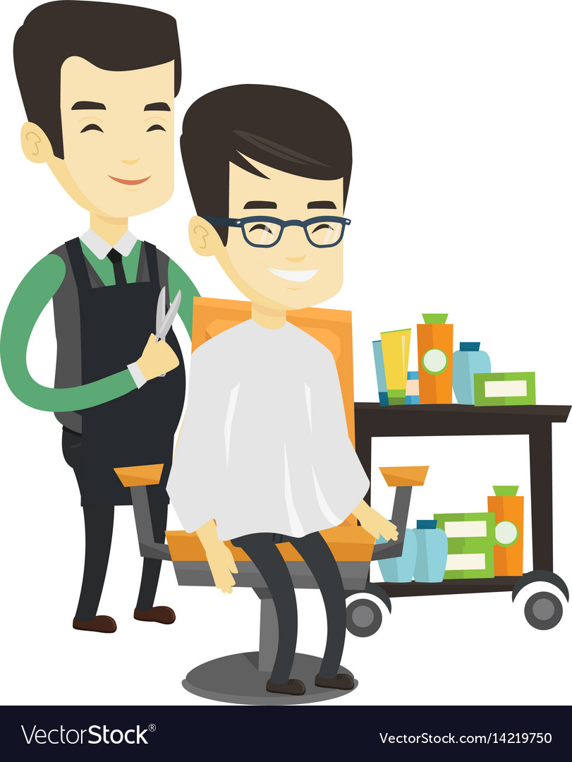 Barber making haircut to young asian man Vector Image