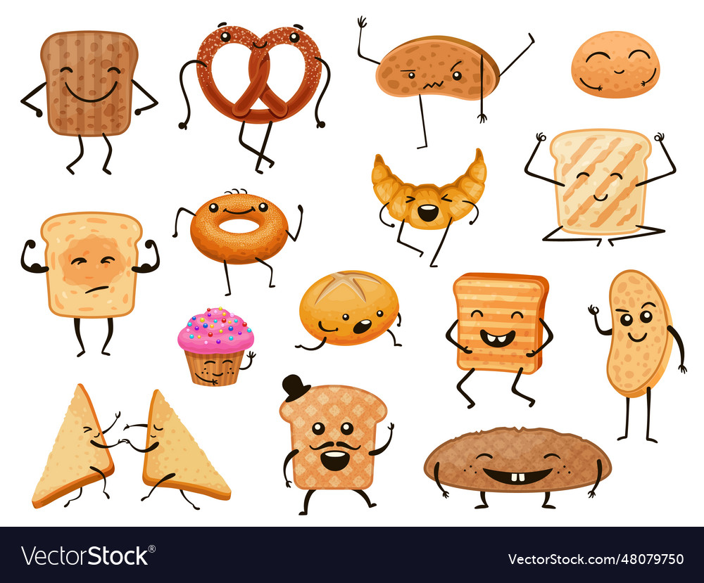 Bread characters funny cartoon bakery products Vector Image