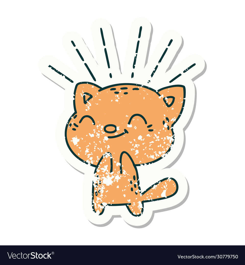 Grunge sticker tattoo style happy cat Royalty Free Vector