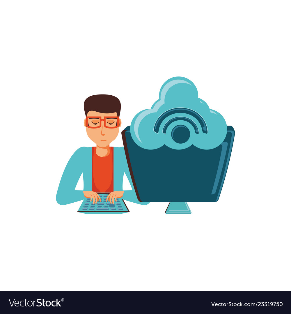 Man with desktop computer and cloud computing