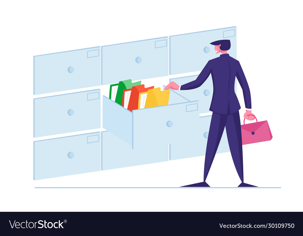 Office clerk character searching for files vector image Office clerk character searching for files