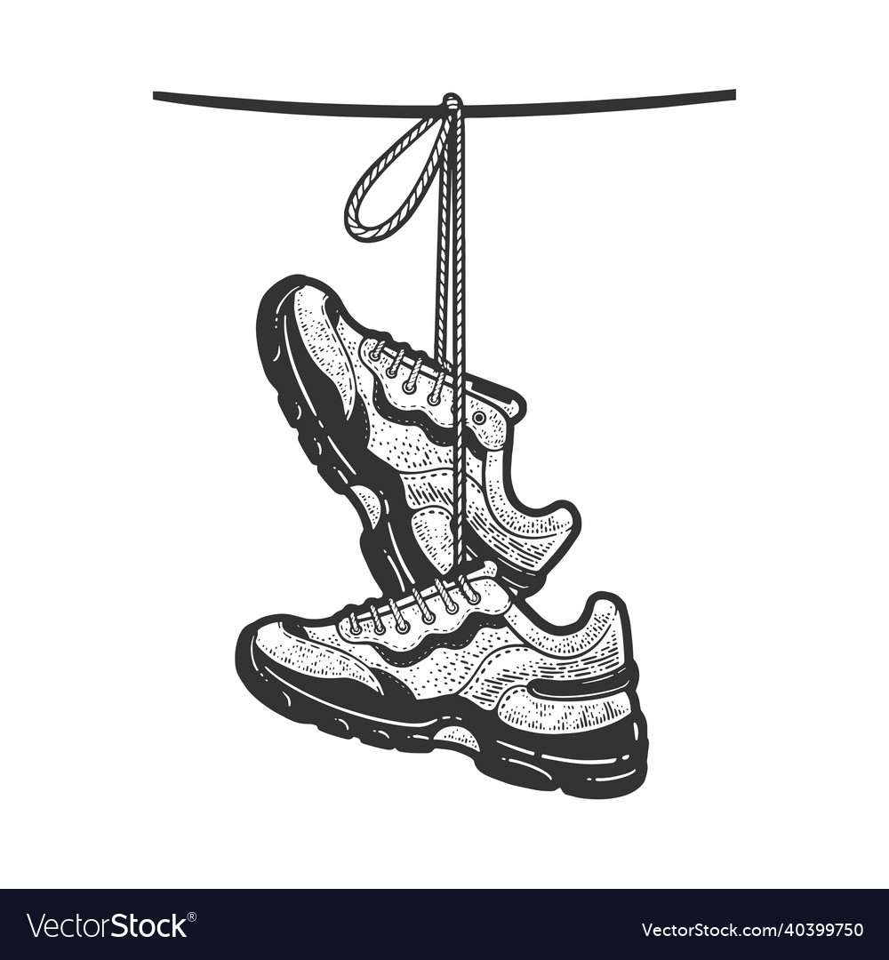 Sneakers hanging on wire sketch Royalty Free Vector Image