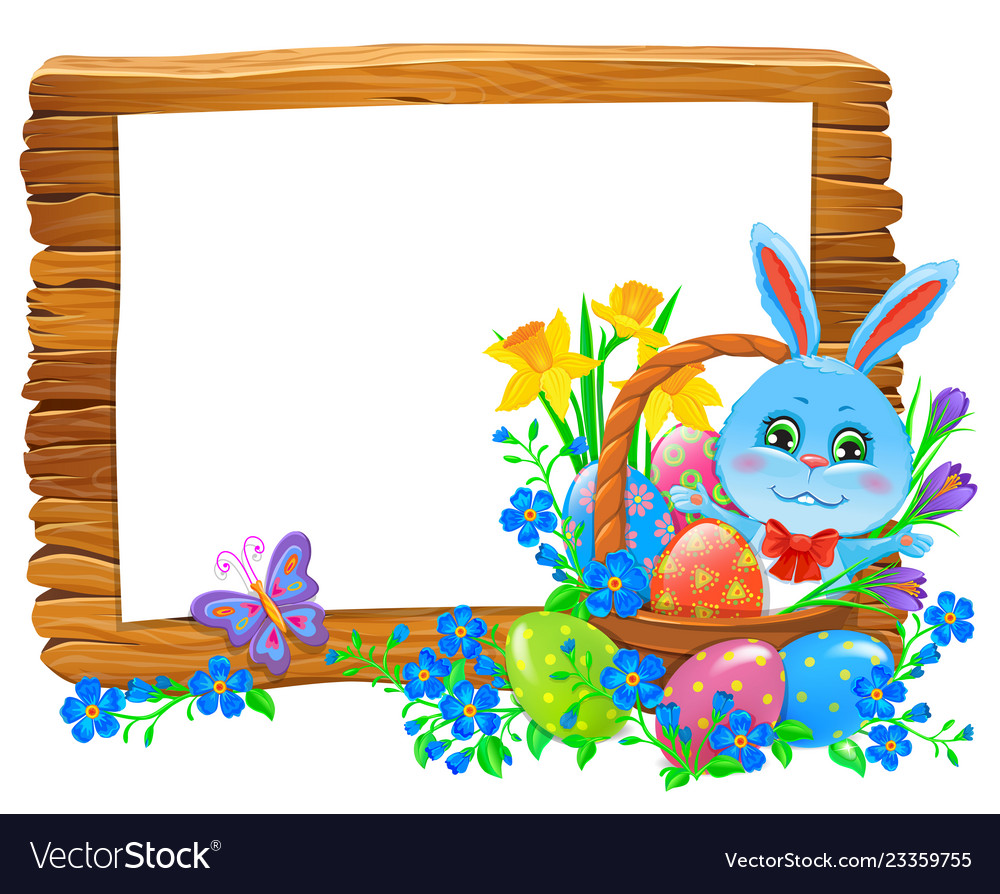 Happy easter wooden banner with rabbit in basket Vector Image