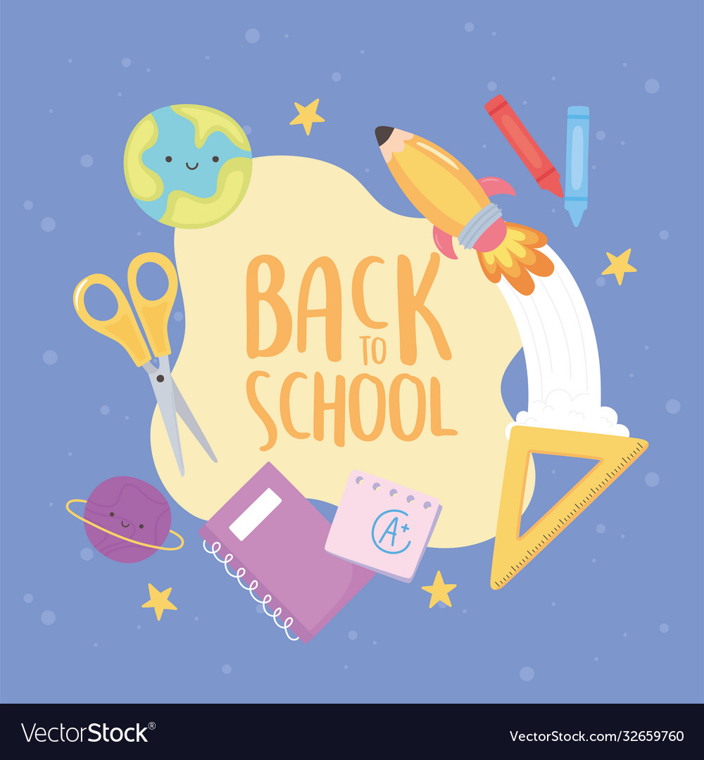 Back to school notebook ruler scissors rocket
