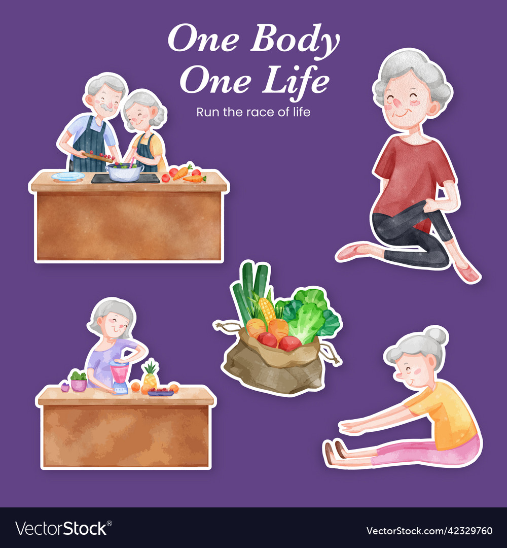 Sticker template with senior health fitness Vector Image