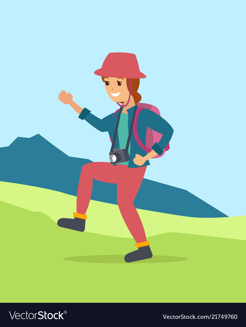 Young woman walking hiking in the mountain area Vector Image Young woman walking hiking in the mountain area Vector Image