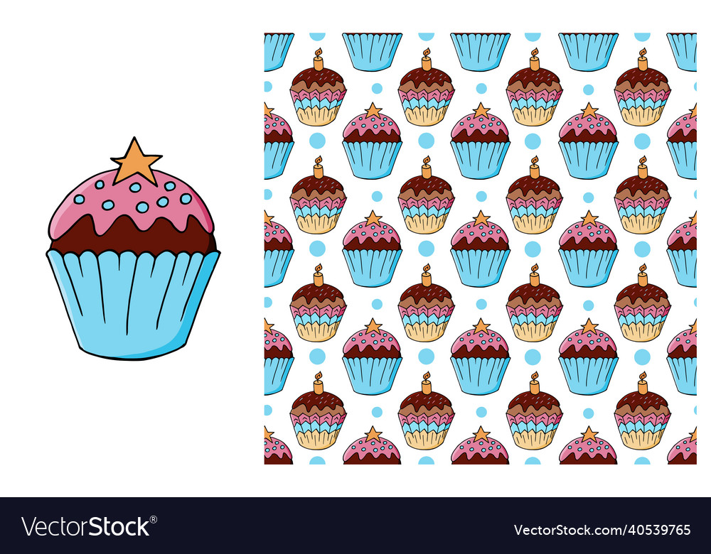 Cupcake muffin set of element and seamless pattern Vector Image Cupcake muffin set of element and seamless pattern
