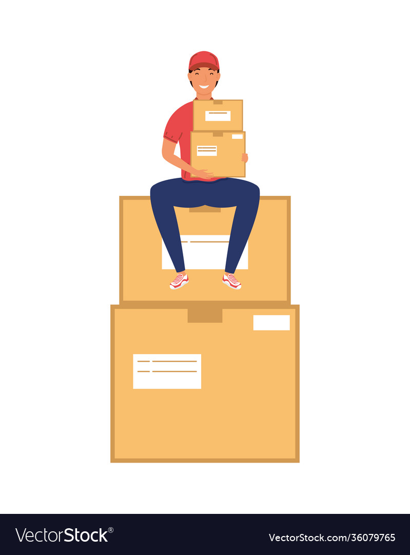 Delivery service worker character seated in boxes