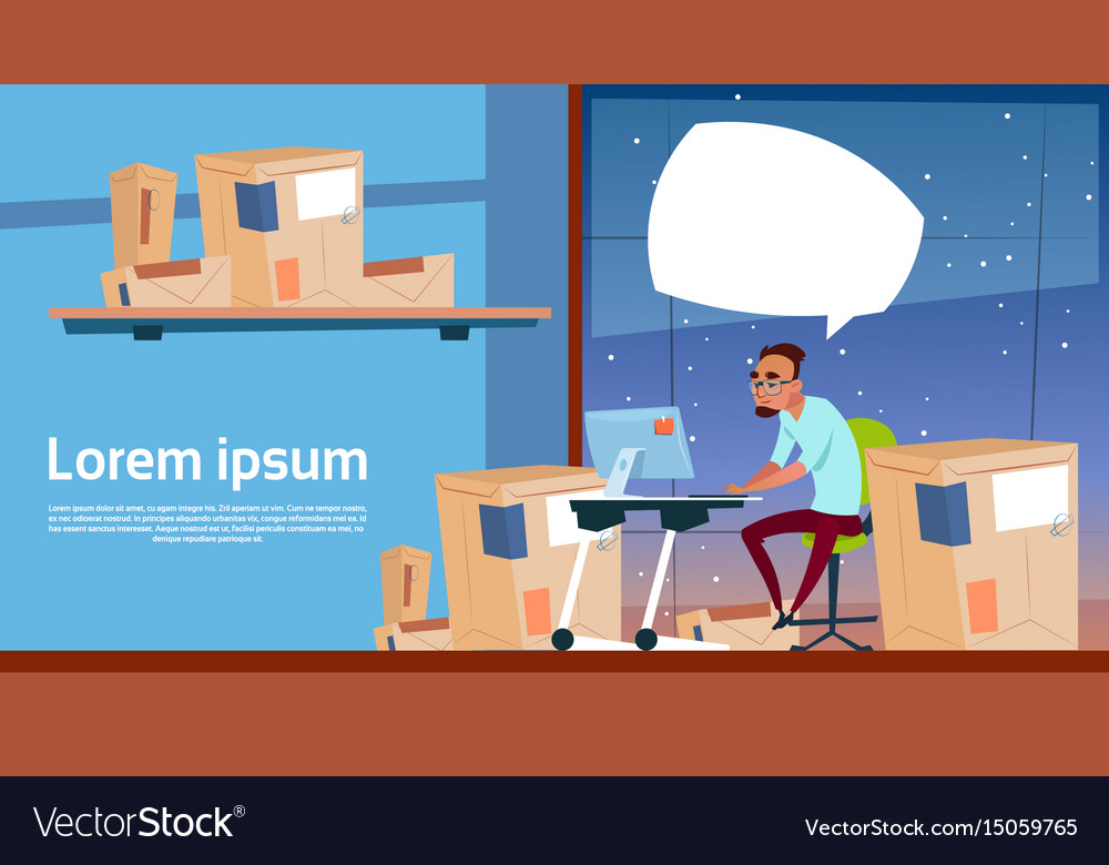 Man use computer work on delivery service package