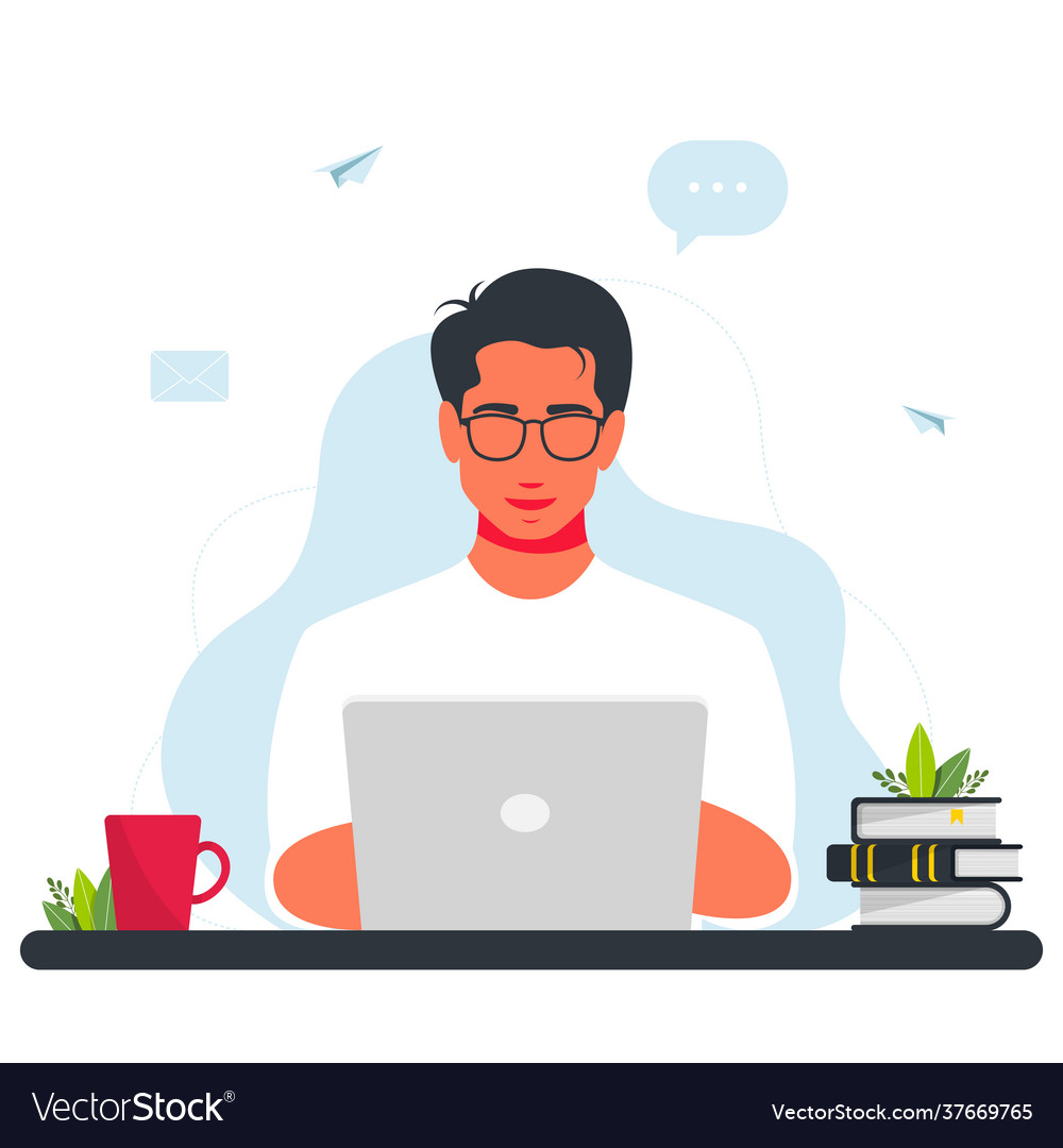 Man working at laptop work home concept Royalty Free Vector