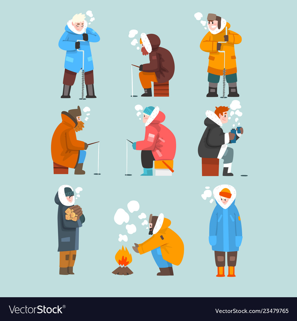 Men fishing in a frozen river or lake winter vector image Men fishing in a frozen river or lake winter