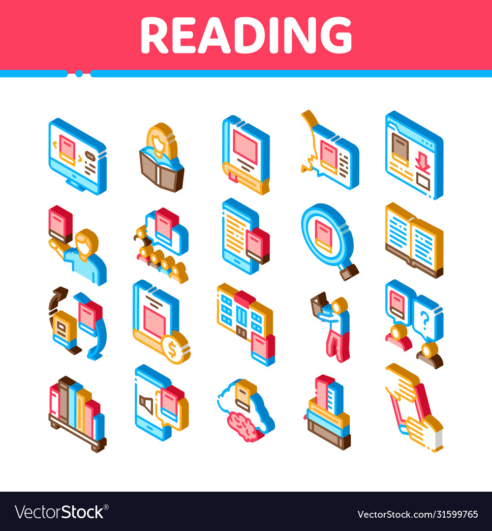 Reading library book isometric icons set Vector Image