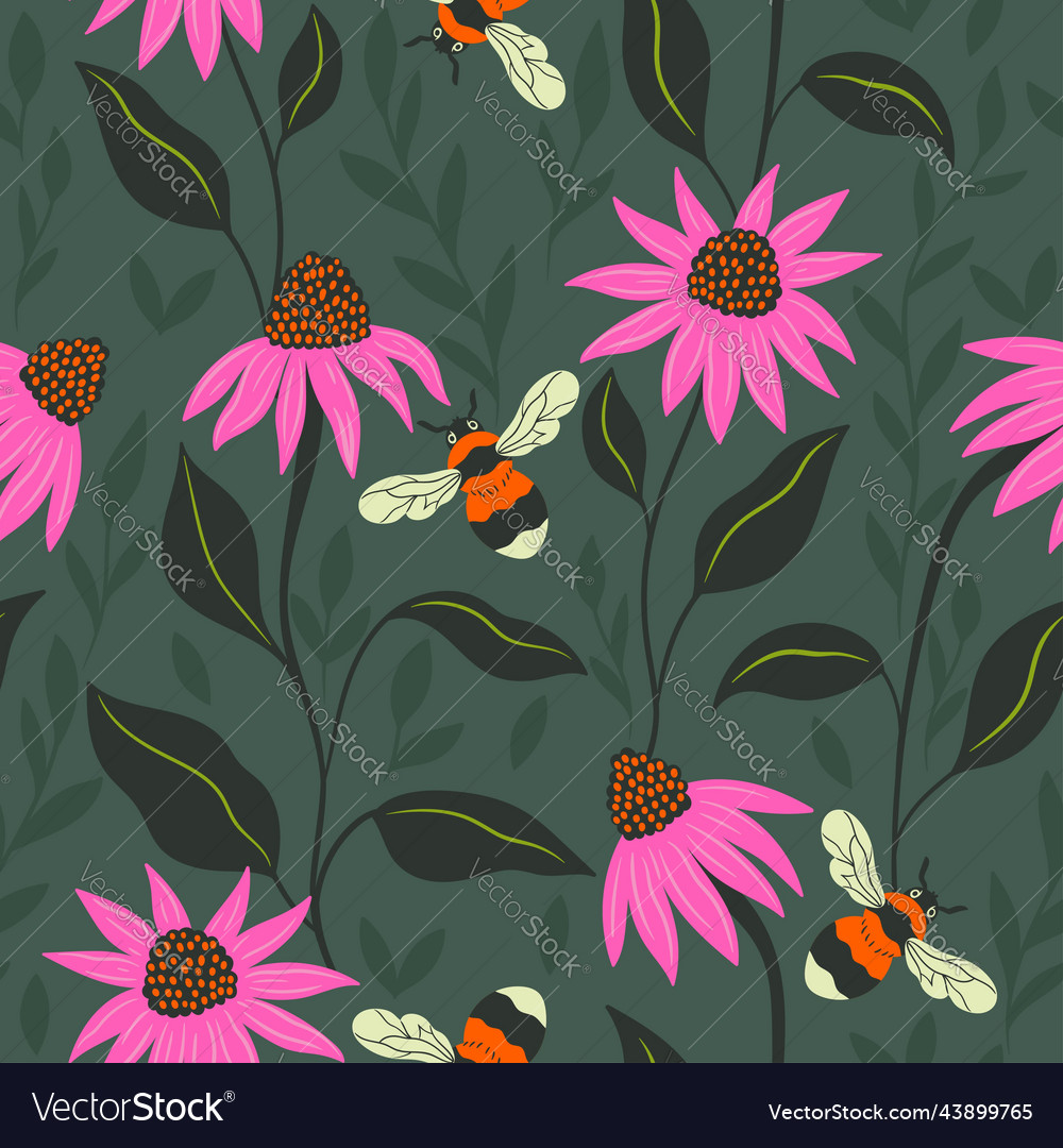 Seamless pattern with bumblebees and echinacea vector image Seamless pattern with bumblebees and echinacea