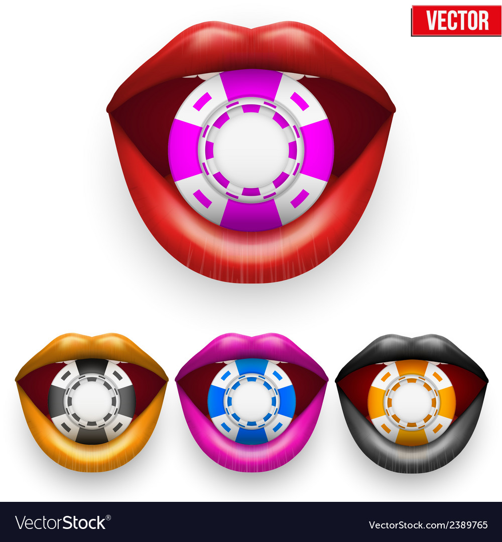 Set of casino colorful chips in female lips