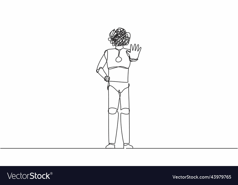 Single one line drawing robot with round vector image Single one line drawing robot with round