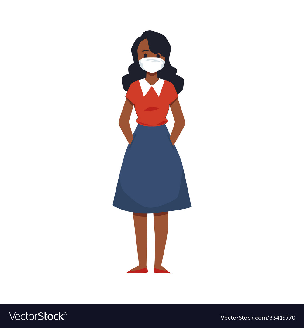 Cartoon woman wearing medical mask for virus