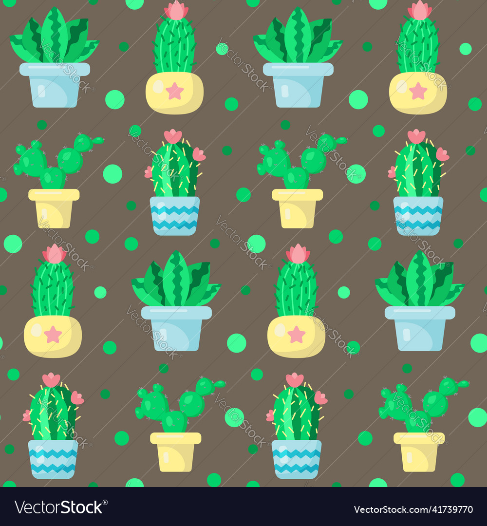 Seamless pattern with green cactuses in pots vector image Seamless pattern with green cactuses in pots