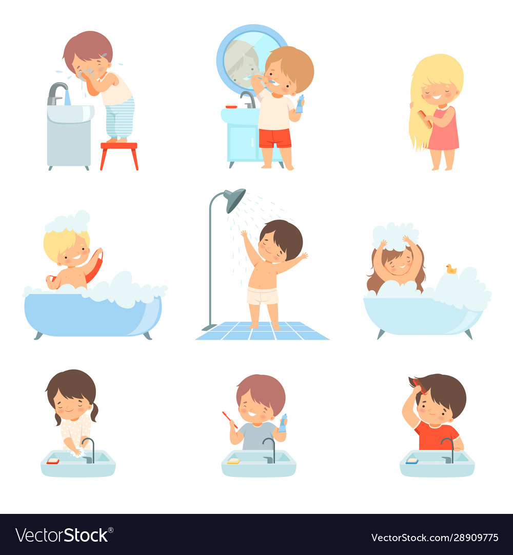 Children taking bath and washing themselves Vector Image