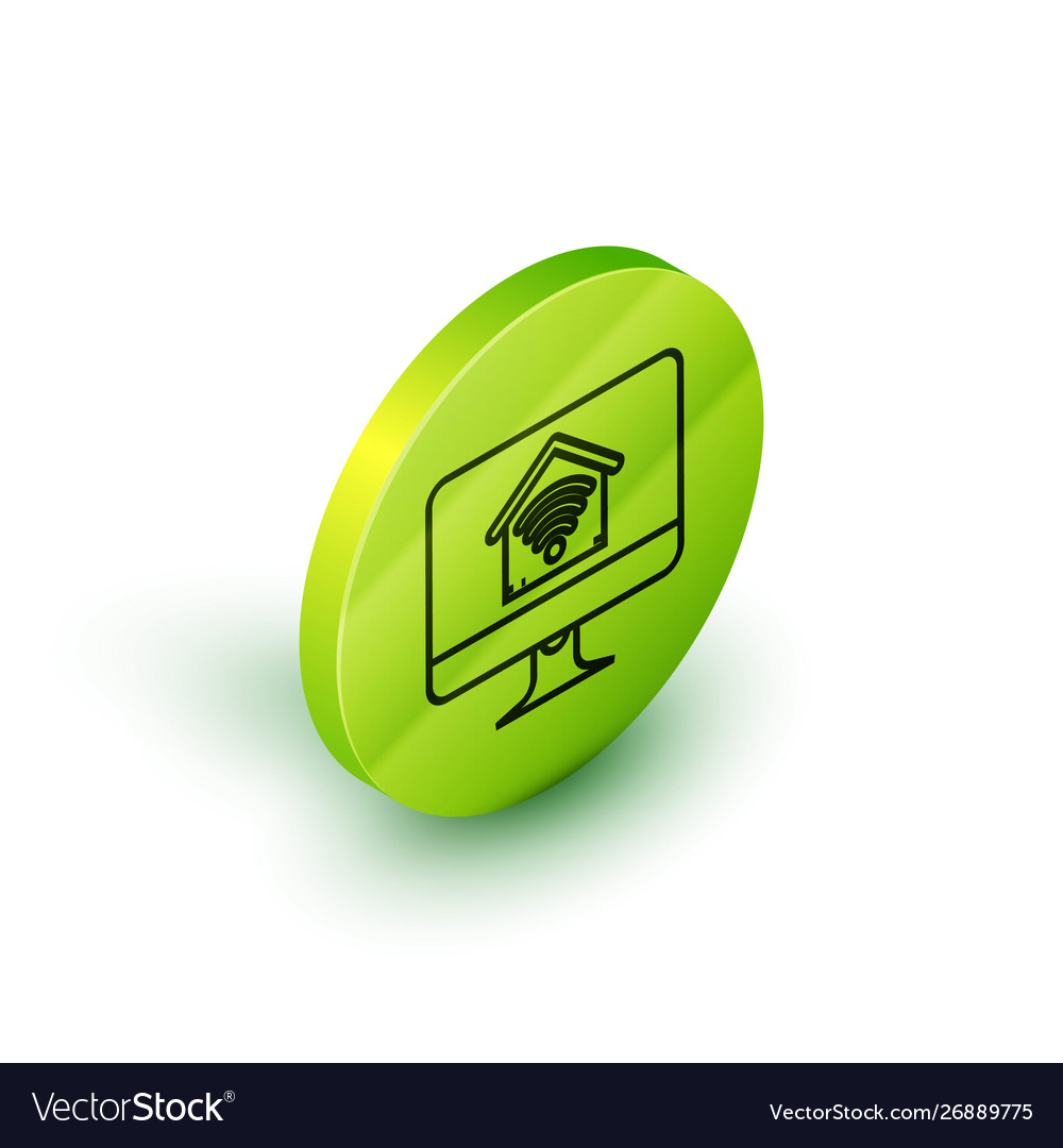 Isometric line computer monitor with smart home vector image Isometric line computer monitor with smart home