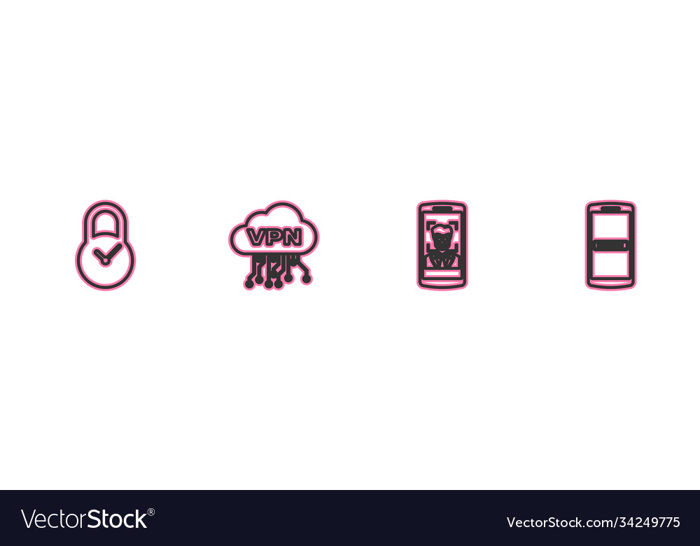 Set line padlock with clock mobile and face vector image Set line padlock with clock mobile and face