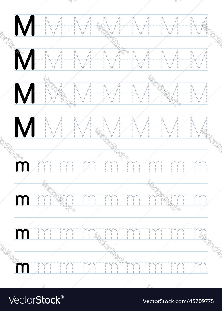 Tracing letter m worksheet for kids Royalty Free Vector